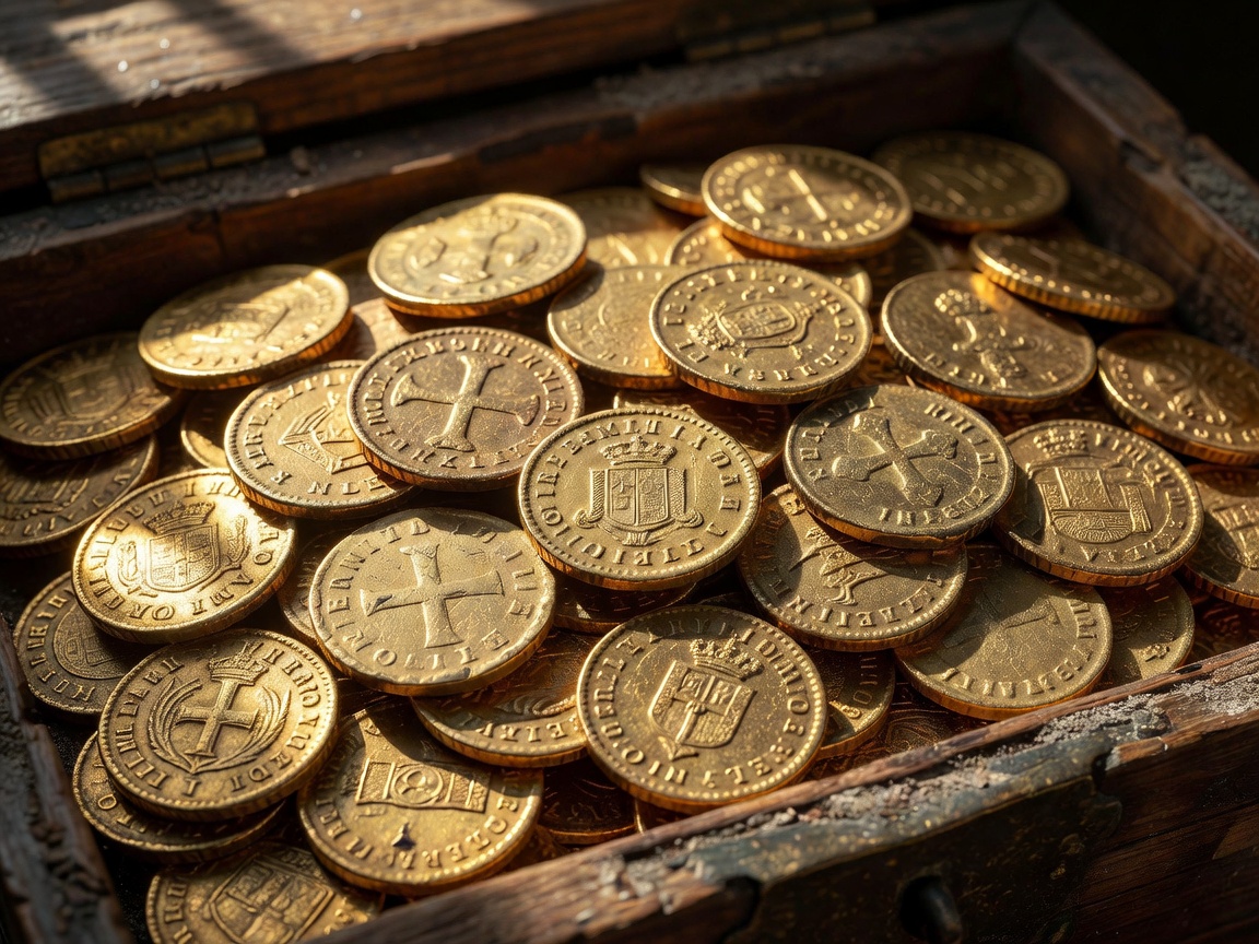 Ancient gold doubloons clustered together inside a wooden pirate chest
