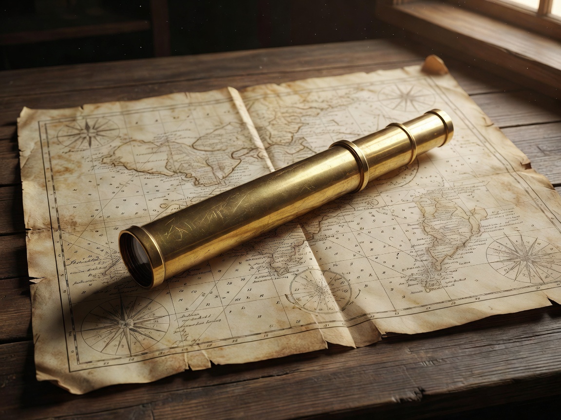 Authentic golden telescope lying on an old nautical chart