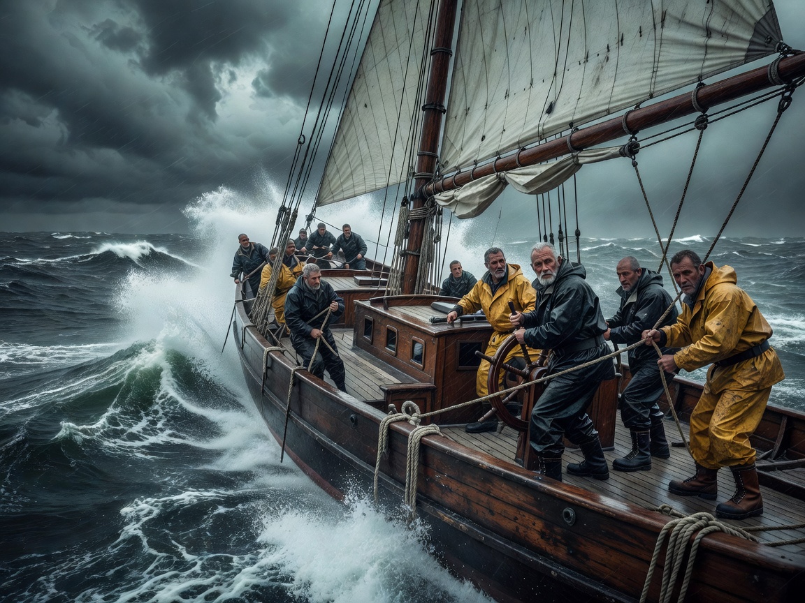 Sailing crew steering a wooden vessel into stormy waves