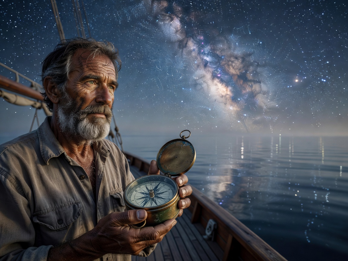 A wise sailor holding an old brass compass under a calm starry sky, navigating safely
