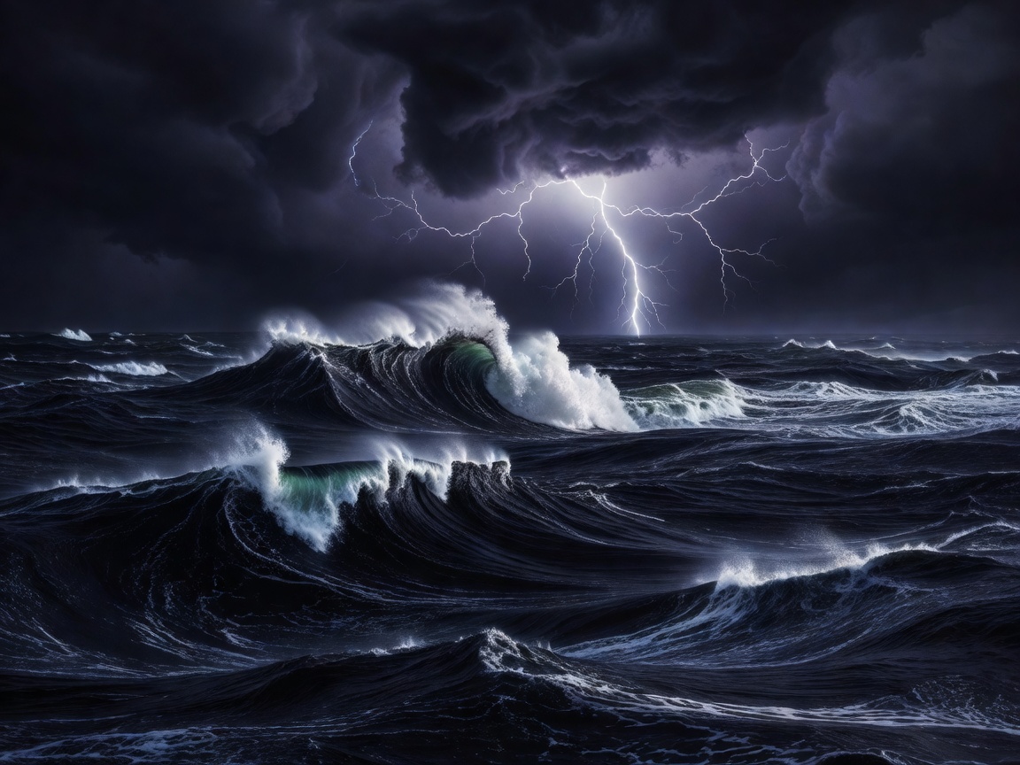 Stormy dark ocean sea with lightning on background